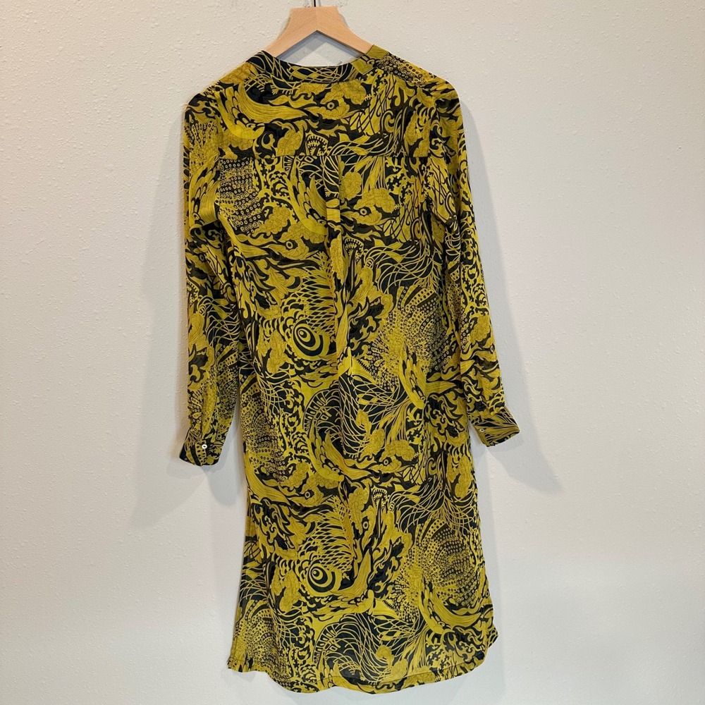 H&M Shirt Dress Women 4 Yellow Black Dragon Graphic Print Boho Sheer Lightweight - Picture 3 of 12